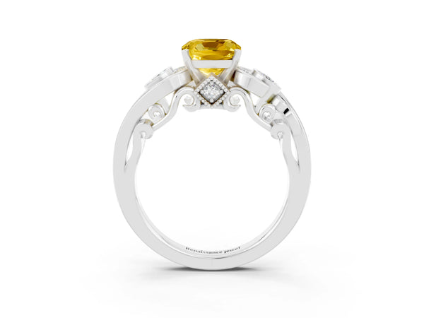 White gold Cushion Cut Yellow Sapphire Solitaire Ring with Milgrain Pavé Band and Four-Prong Setting