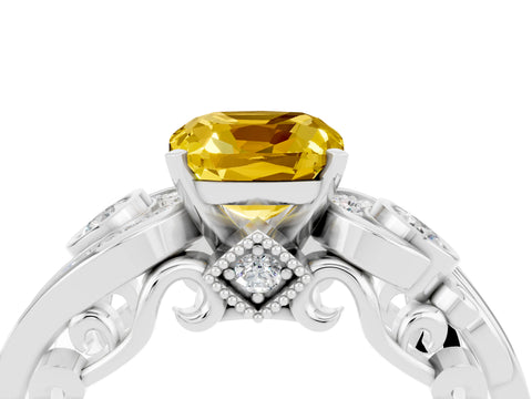 White gold Cushion Cut Yellow Sapphire Solitaire Ring with Milgrain Pavé Band and Four-Prong Setting_52