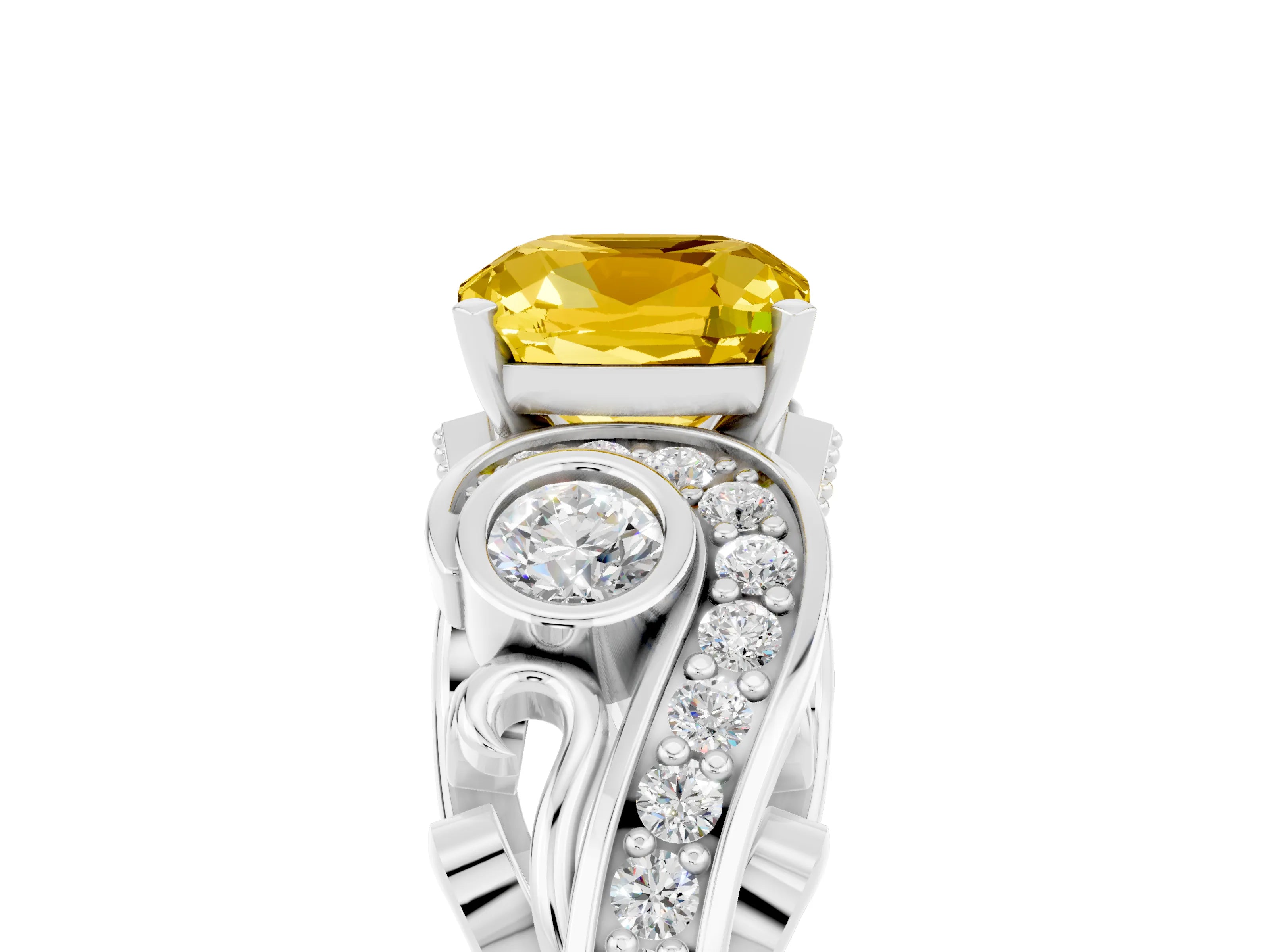 White gold Cushion Cut Yellow Sapphire Solitaire Ring with Milgrain Pavé Band and Four-Prong Setting_53
