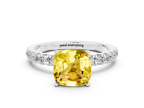 Silver Cushion Cut Yellow Sapphire Solitaire Ring with Pavé Accents and Four-Prong Setting
