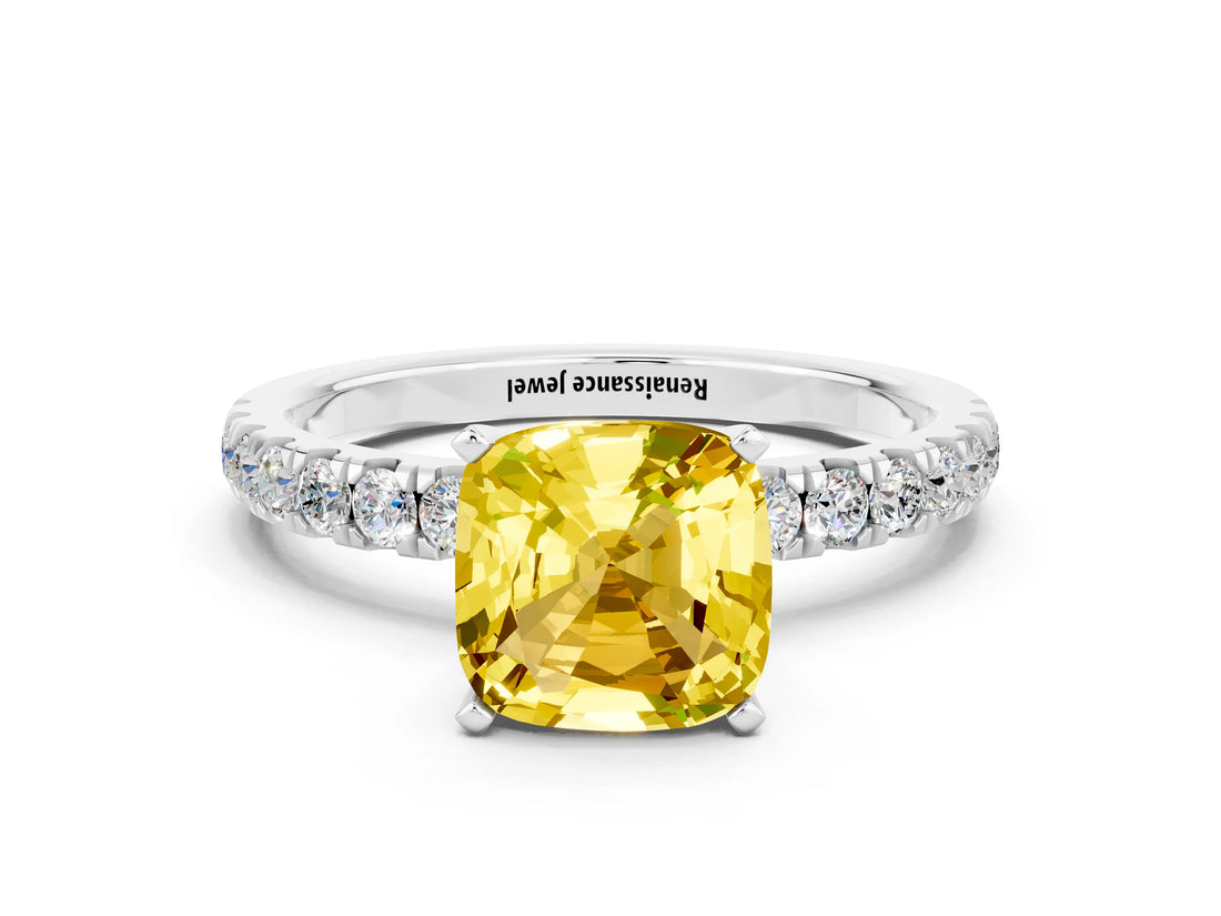 White gold Cushion Cut Yellow Sapphire Solitaire Ring with Pavé Accents and Four-Prong Setting_24