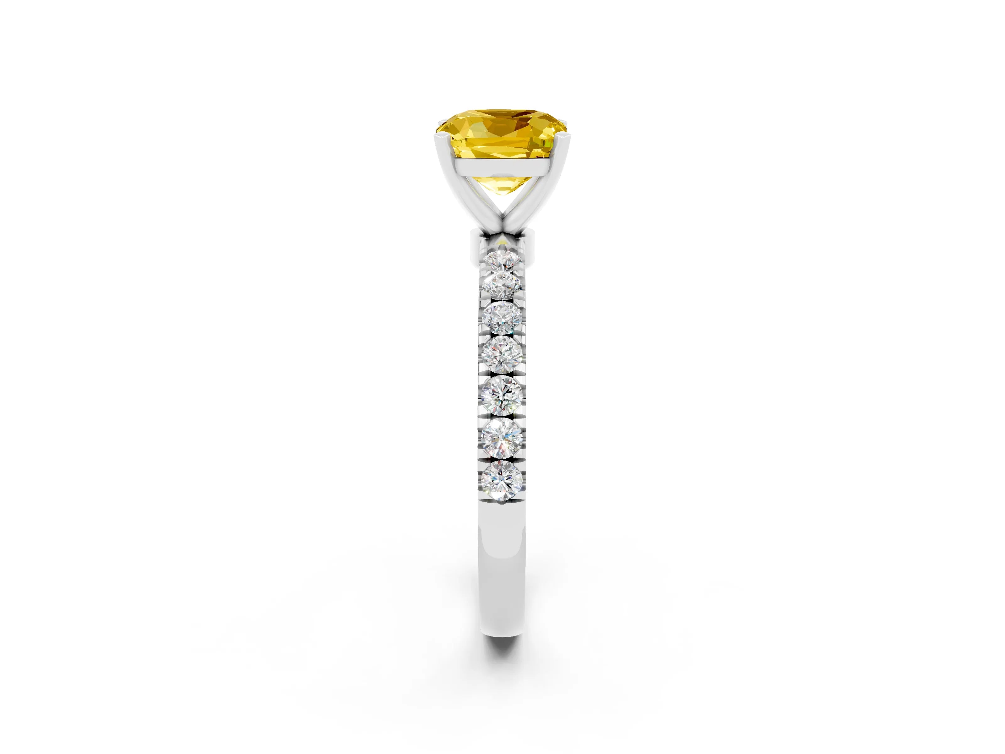 White gold Cushion Cut Yellow Sapphire Solitaire Ring with Pavé Accents and Four-Prong Setting_26