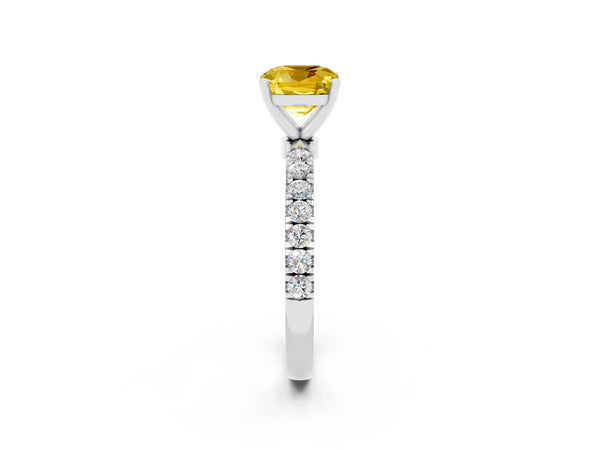 Platinum Cushion Cut Yellow Sapphire Solitaire Ring with Pavé Accents and Four-Prong Setting