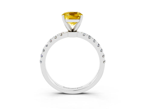 White gold Cushion Cut Yellow Sapphire Solitaire Ring with Pavé Accents and Four-Prong Setting_27