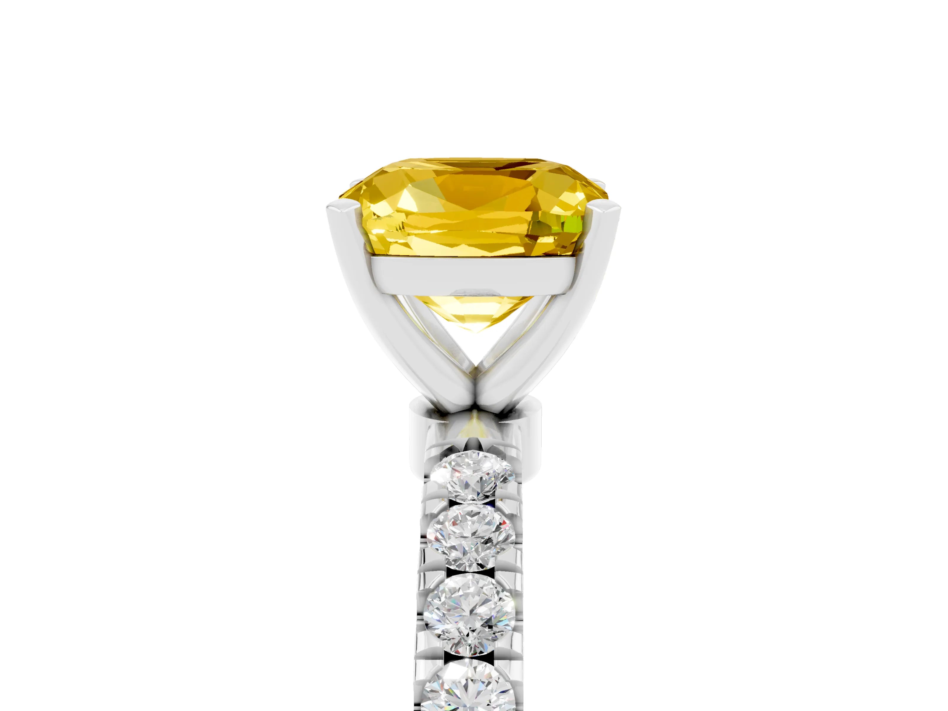 White gold Cushion Cut Yellow Sapphire Solitaire Ring with Pavé Accents and Four-Prong Setting_29
