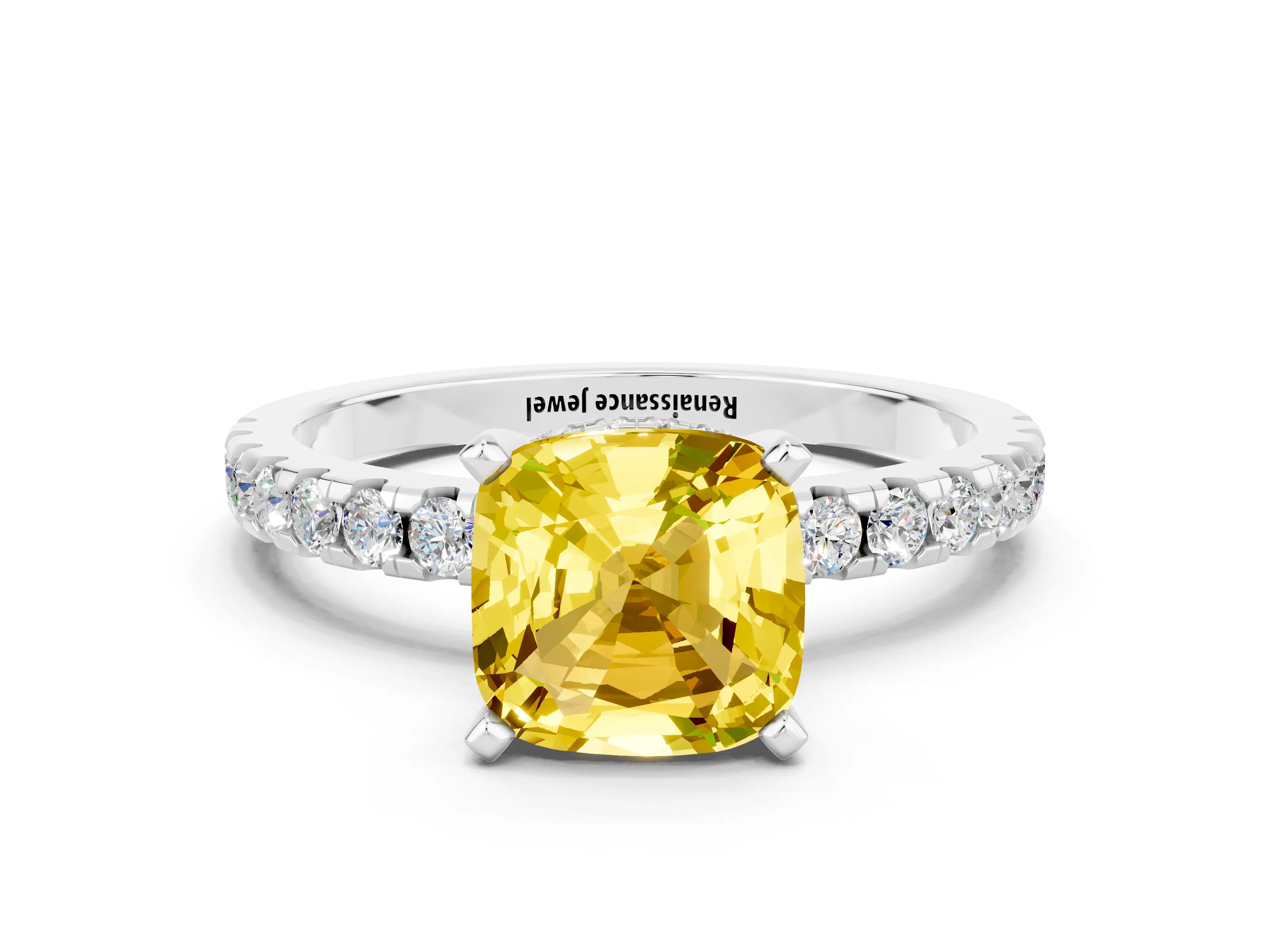 White gold Cushion Cut Yellow Sapphire Solitaire Ring with Pavé Band and Four-Prong Setting_60