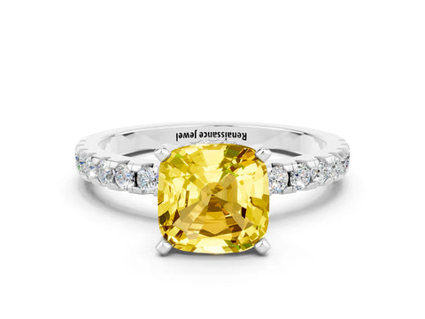 White gold Cushion Cut Yellow Sapphire Solitaire Ring with Pavé Band and Four-Prong Setting_60