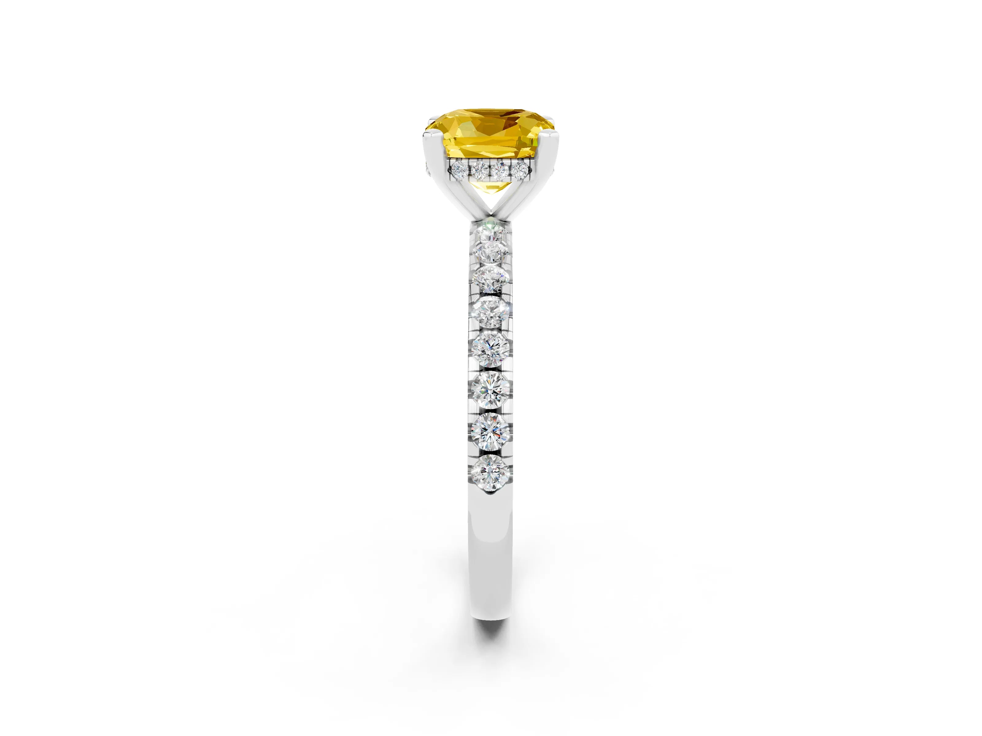 White gold Cushion Cut Yellow Sapphire Solitaire Ring with Pavé Band and Four-Prong Setting_62