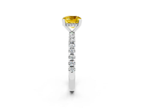 White gold Cushion Cut Yellow Sapphire Solitaire Ring with Pavé Band and Four-Prong Setting_62