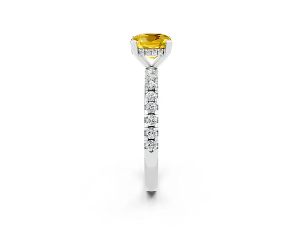 Silver Cushion Cut Yellow Sapphire Solitaire Ring with Round  Pavé Band and Four-Prong Setting