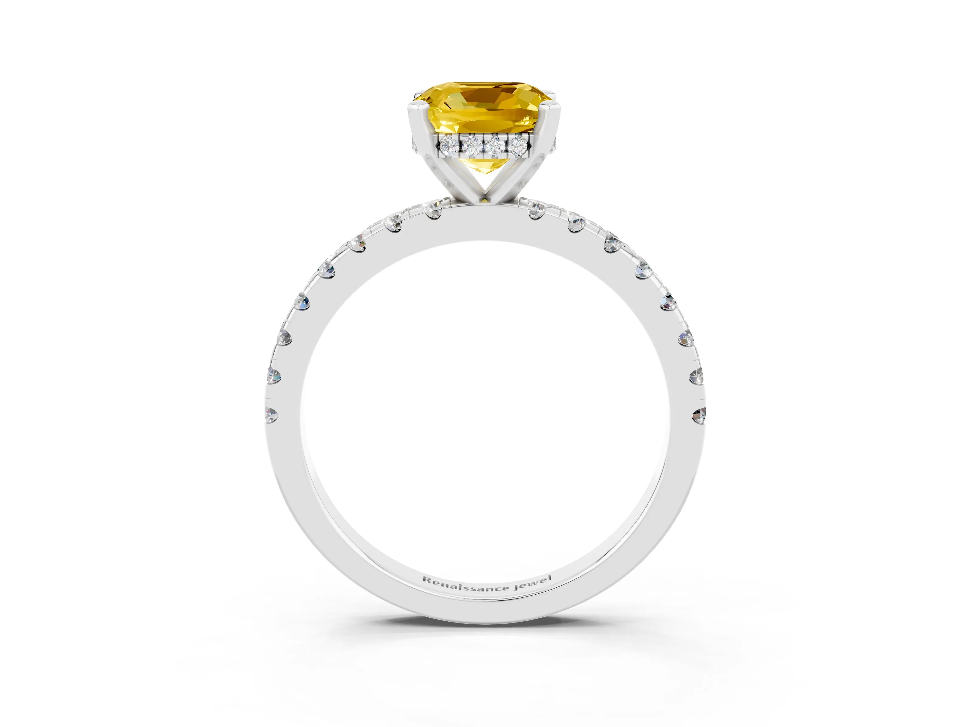 White gold Cushion Cut Yellow Sapphire Solitaire Ring with Pavé Band and Four-Prong Setting_63