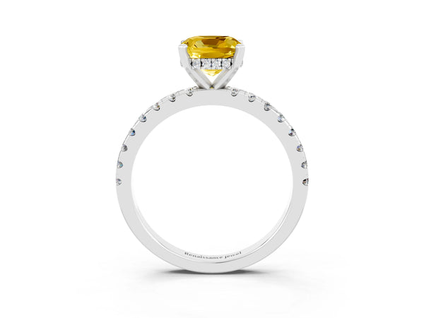 White gold Cushion Cut Yellow Sapphire Solitaire Ring with Round  Pavé Band and Four-Prong Setting
