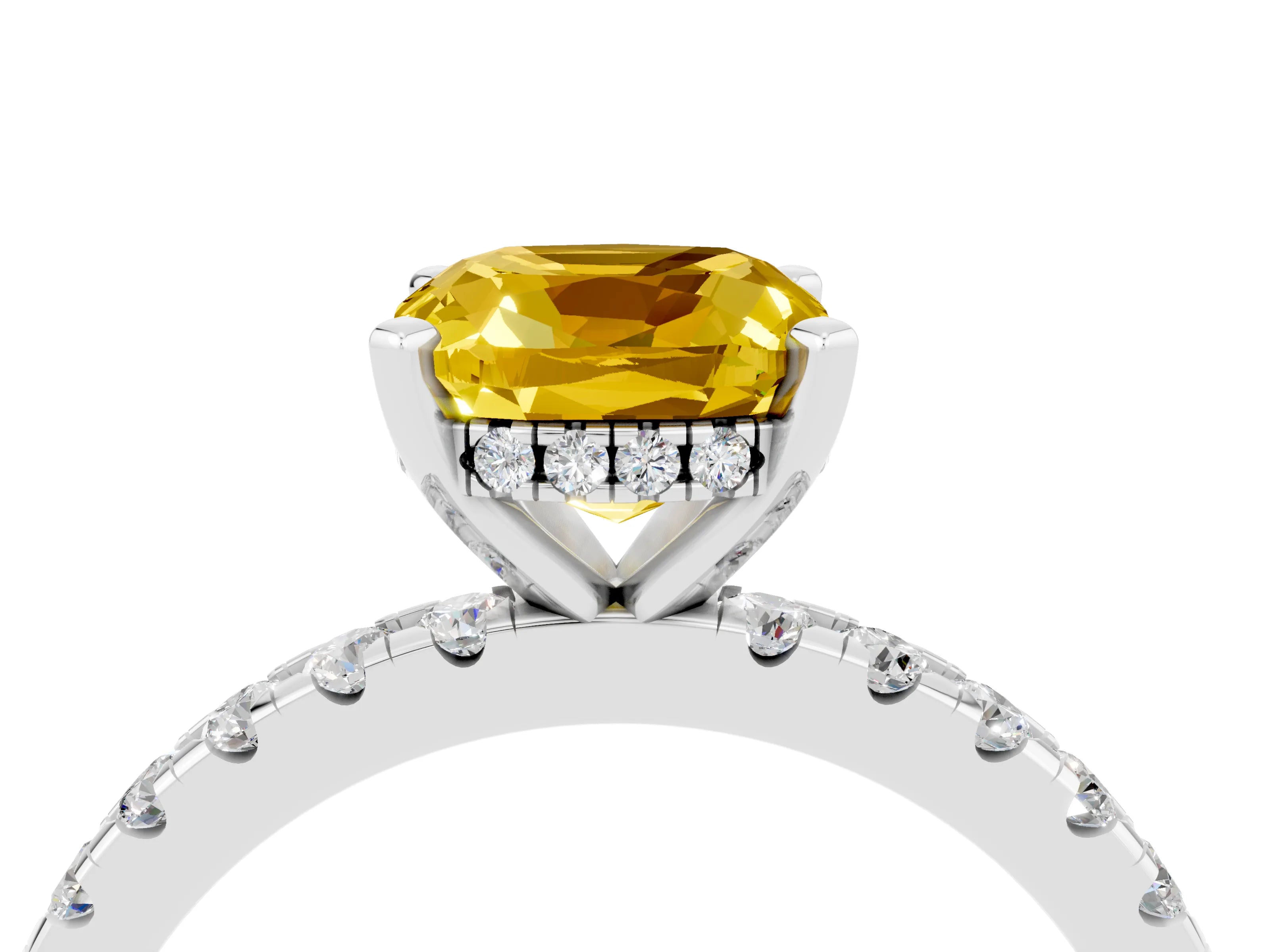 White gold Cushion Cut Yellow Sapphire Solitaire Ring with Pavé Band and Four-Prong Setting_64