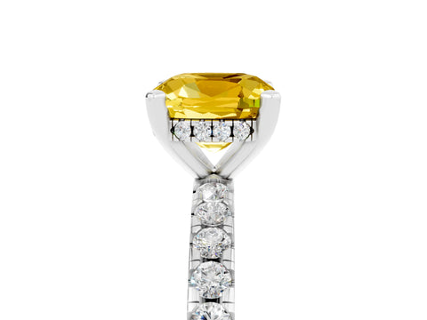 White gold Cushion Cut Yellow Sapphire Solitaire Ring with Pavé Band and Four-Prong Setting_65