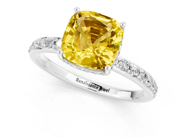Silver Cushion Cut Yellow Sapphire Solitaire Ring with Pavé Band and Hidden Halo