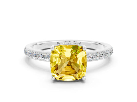 White gold Cushion Cut Yellow Sapphire Solitaire Ring with Pavé Band and Hidden Halo_24