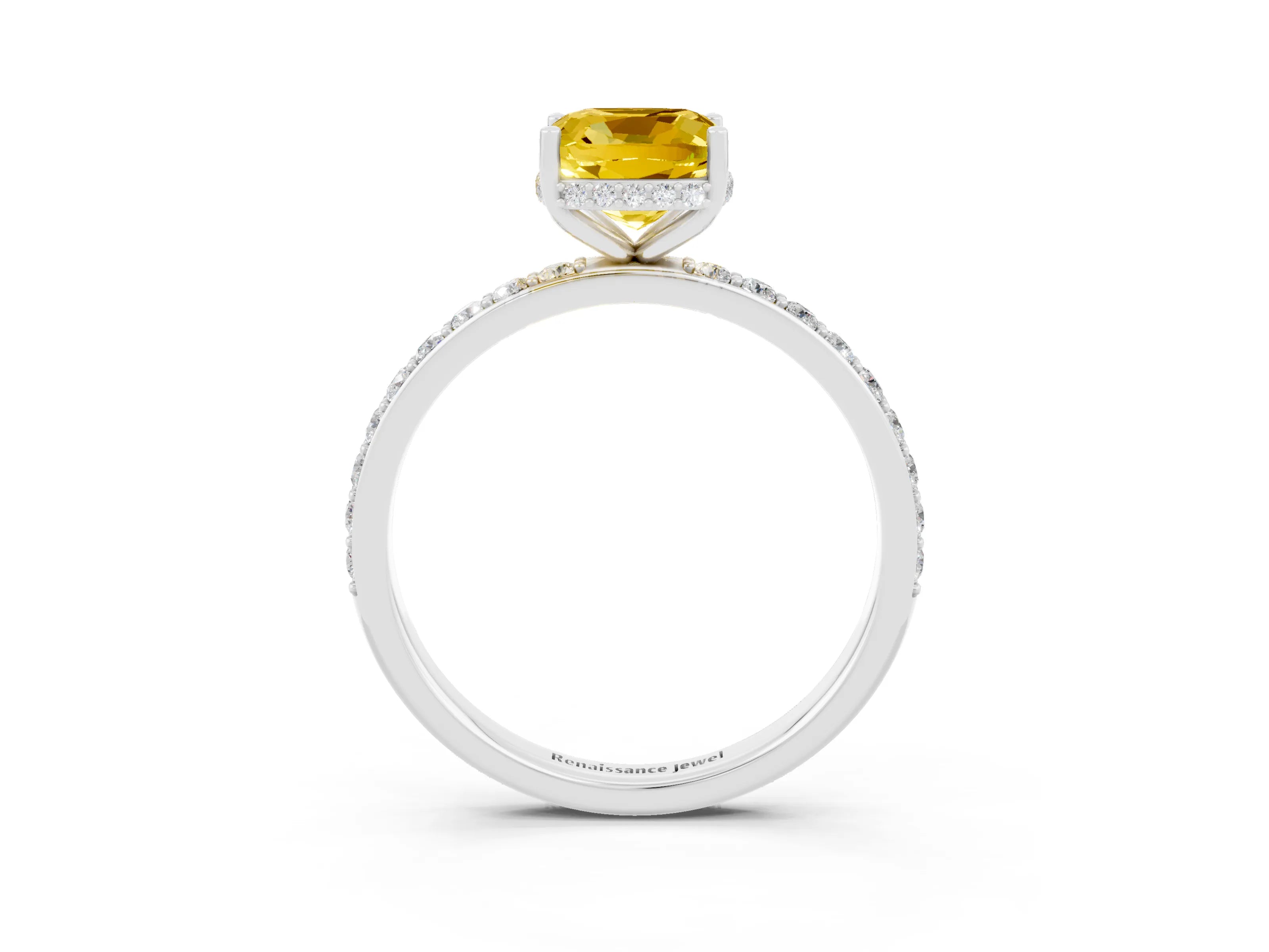 White gold Cushion Cut Yellow Sapphire Solitaire Ring with Pavé Band and Hidden Halo_27