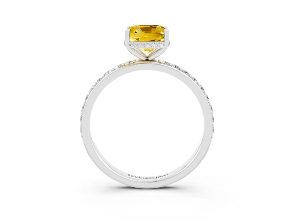 Silver Cushion Cut Yellow Sapphire Solitaire Ring with Pavé Band and Hidden Halo