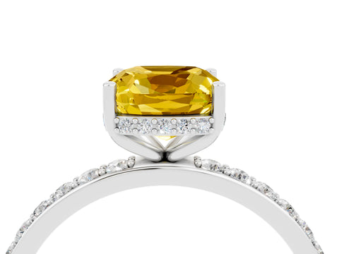 White gold Cushion Cut Yellow Sapphire Solitaire Ring with Pavé Band and Hidden Halo_4