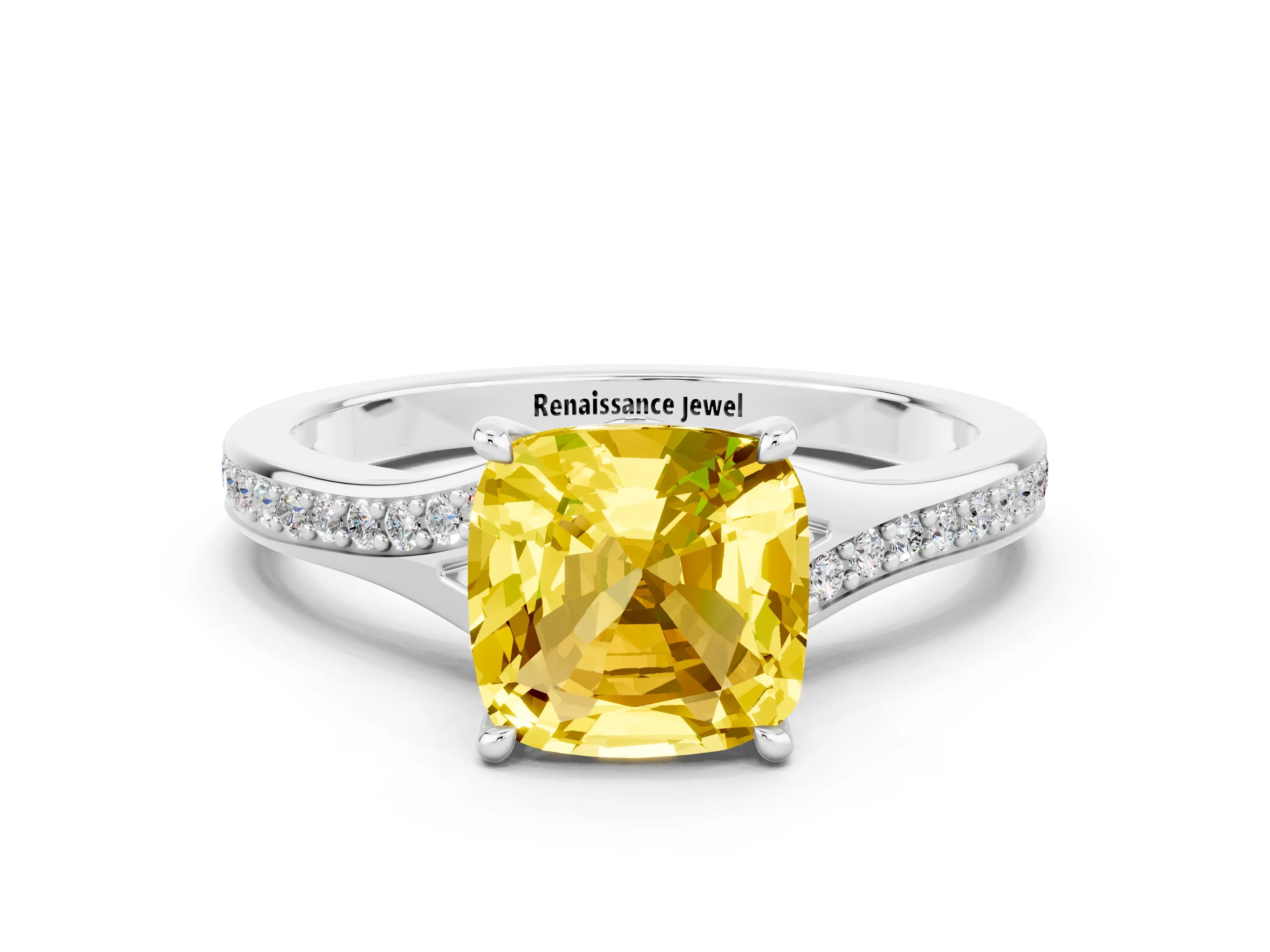 White gold Cushion Cut Yellow Sapphire Solitaire Ring with Pavé Band and Prong Setting