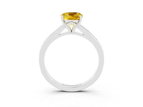 White gold Cushion Cut Yellow Sapphire Solitaire Ring with Pavé Band and Prong Setting_3