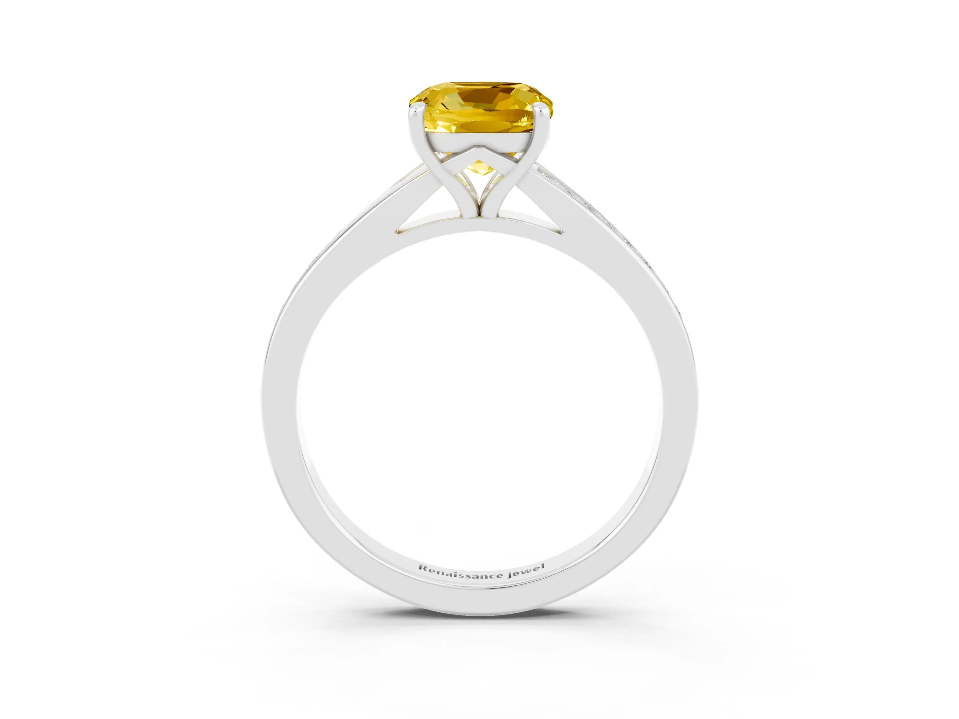 White gold Cushion Cut Yellow Sapphire Solitaire Ring with Pavé Band and Prong Setting_3