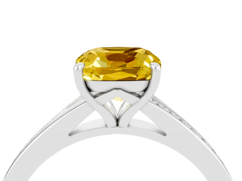 White gold Cushion Cut Yellow Sapphire Solitaire Ring with Pavé Band and Prong Setting_4