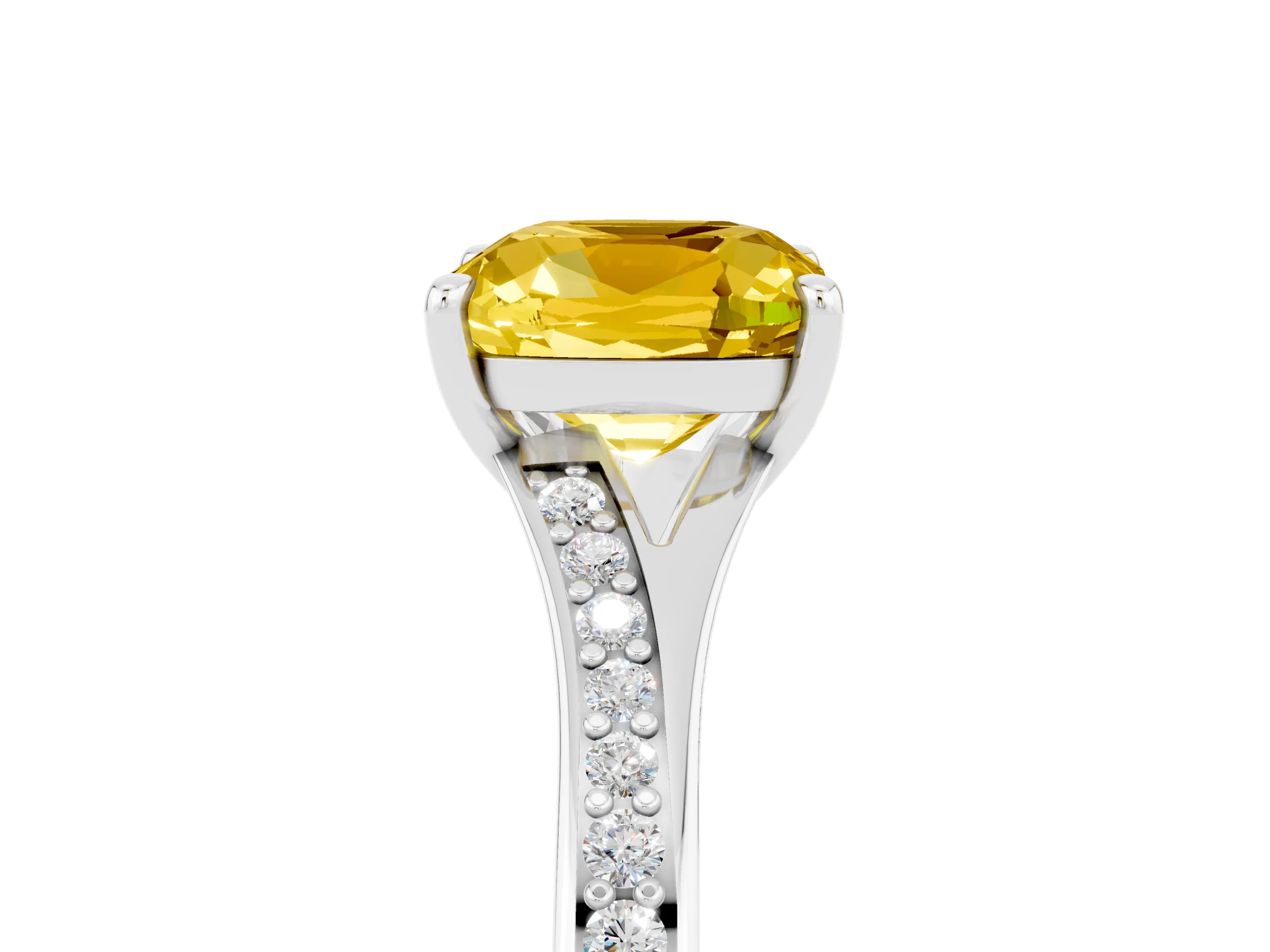 White gold Cushion Cut Yellow Sapphire Solitaire Ring with Pavé Band and Prong Setting_5