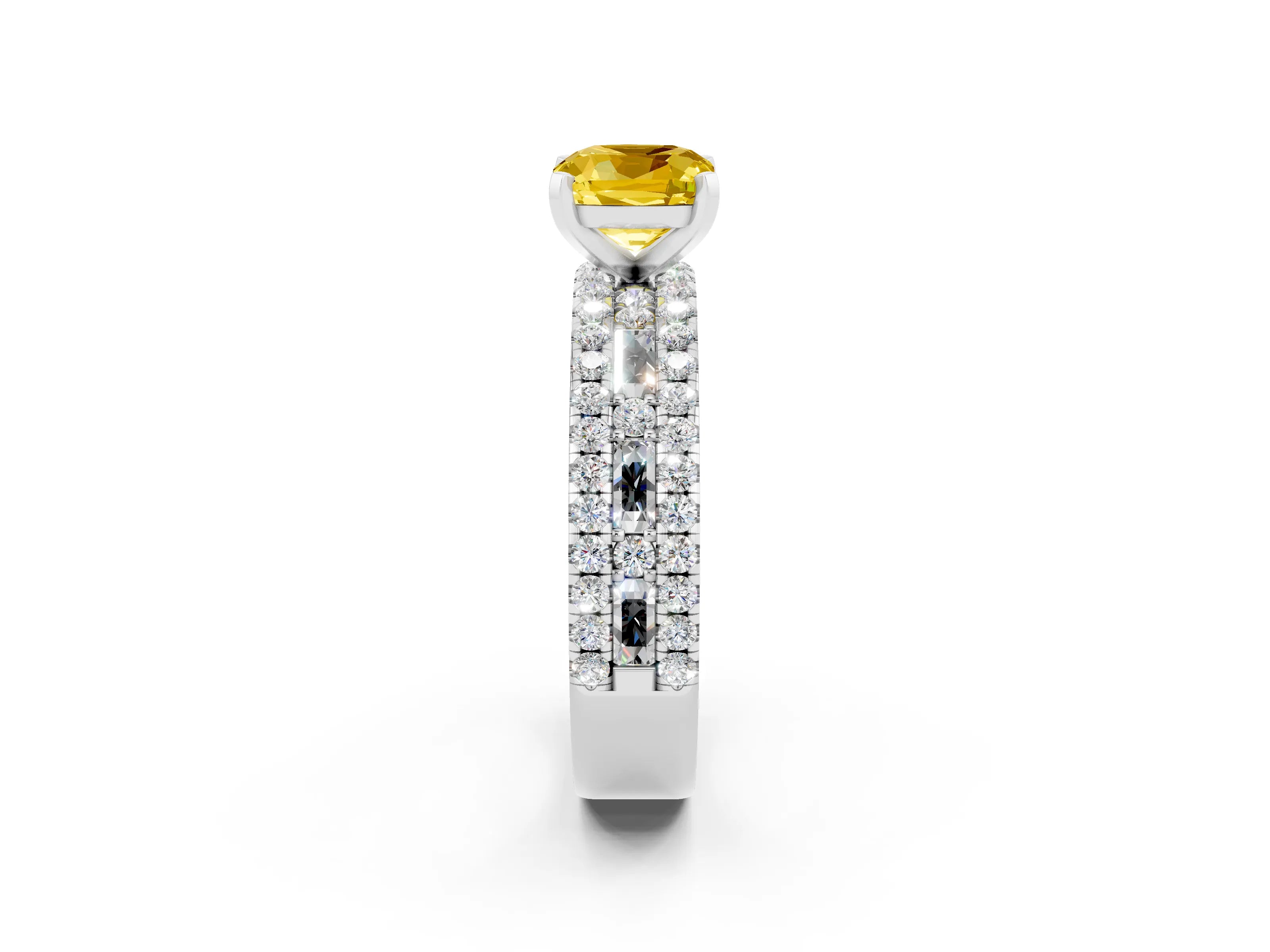 White gold Cushion Cut Yellow Sapphire Solitaire Ring with Pavé and Channel Set Band_26