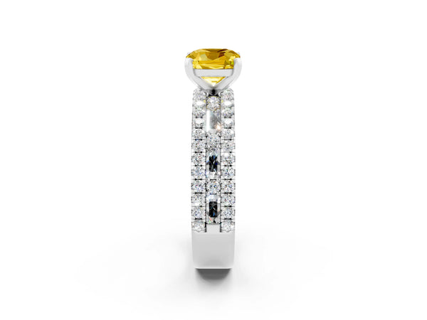 Silver Cushion Cut Yellow Sapphire Solitaire Ring with Pavé and Channel Set Band