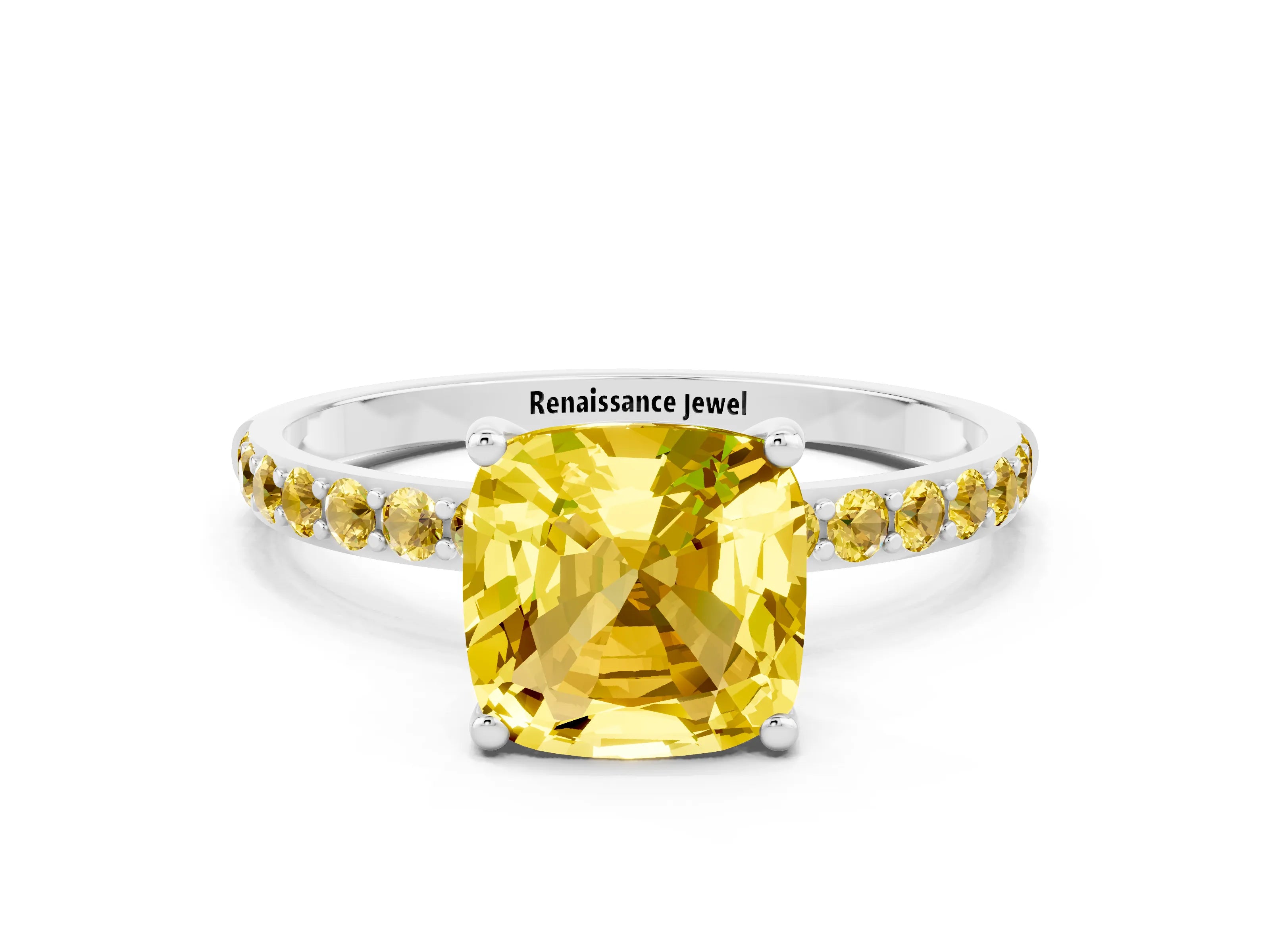 White gold Cushion Cut Yellow Sapphire Solitaire Ring with Pave Band and Four Prong Setting_12