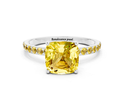 White gold Cushion Cut Yellow Sapphire Solitaire Ring with Pave Band and Four Prong Setting_12