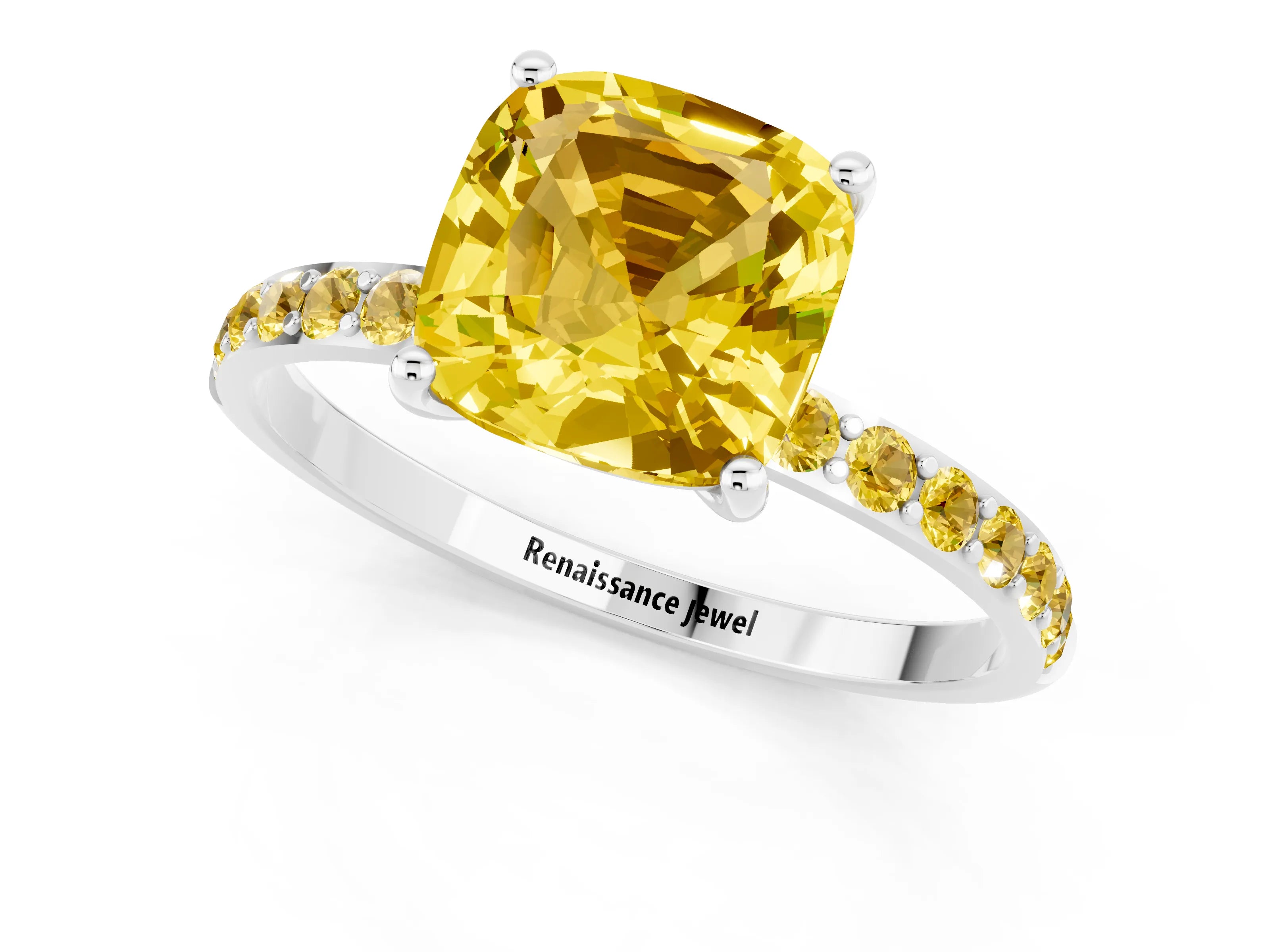 White gold Cushion Cut Yellow Sapphire Solitaire Ring with Pave Band and Four Prong Setting_13
