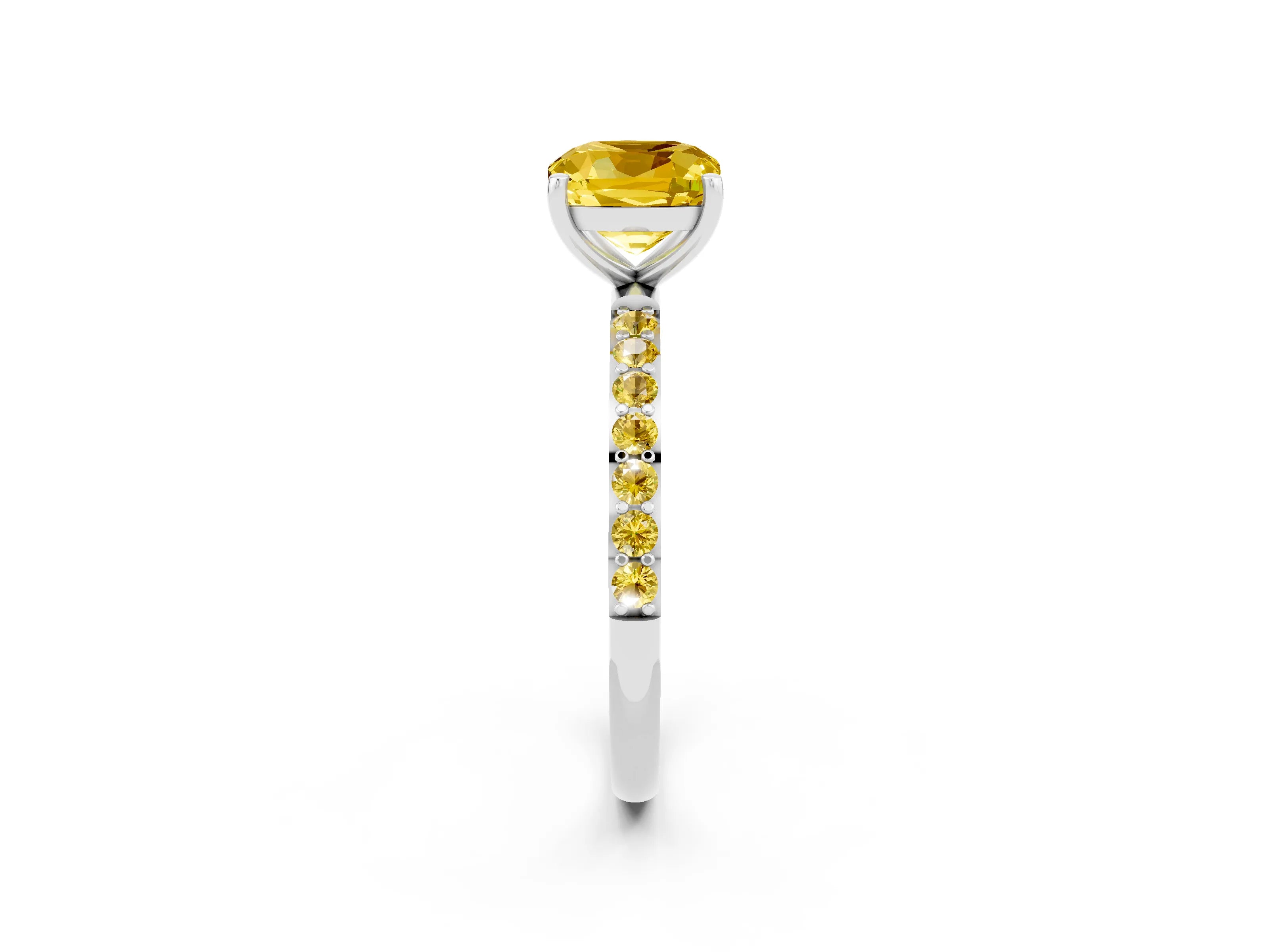 White gold Cushion Cut Yellow Sapphire Solitaire Ring with Pave Band and Four Prong Setting_14