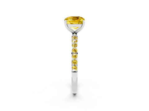 White gold Cushion Cut Yellow Sapphire Solitaire Ring with Pave Band and Four Prong Setting_14