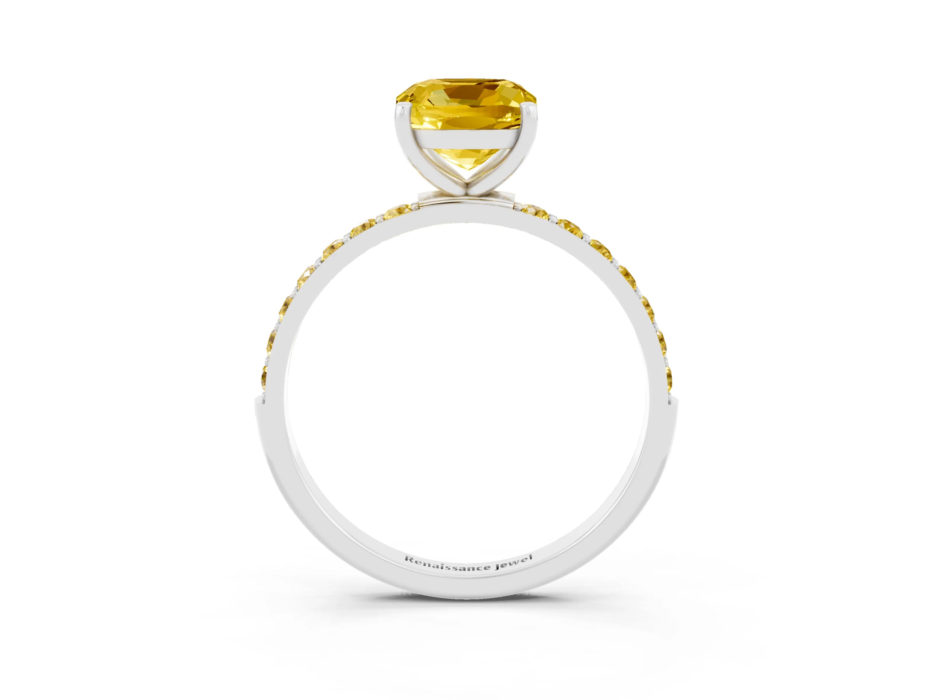 White gold Cushion Cut Yellow Sapphire Solitaire Ring with Pave Band and Four Prong Setting_15