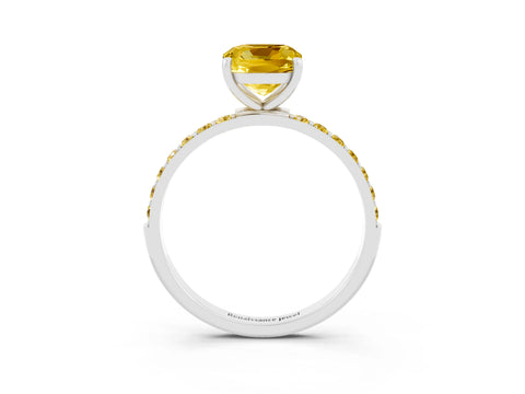 White gold Cushion Cut Yellow Sapphire Solitaire Ring with Pave Band and Four Prong Setting_15