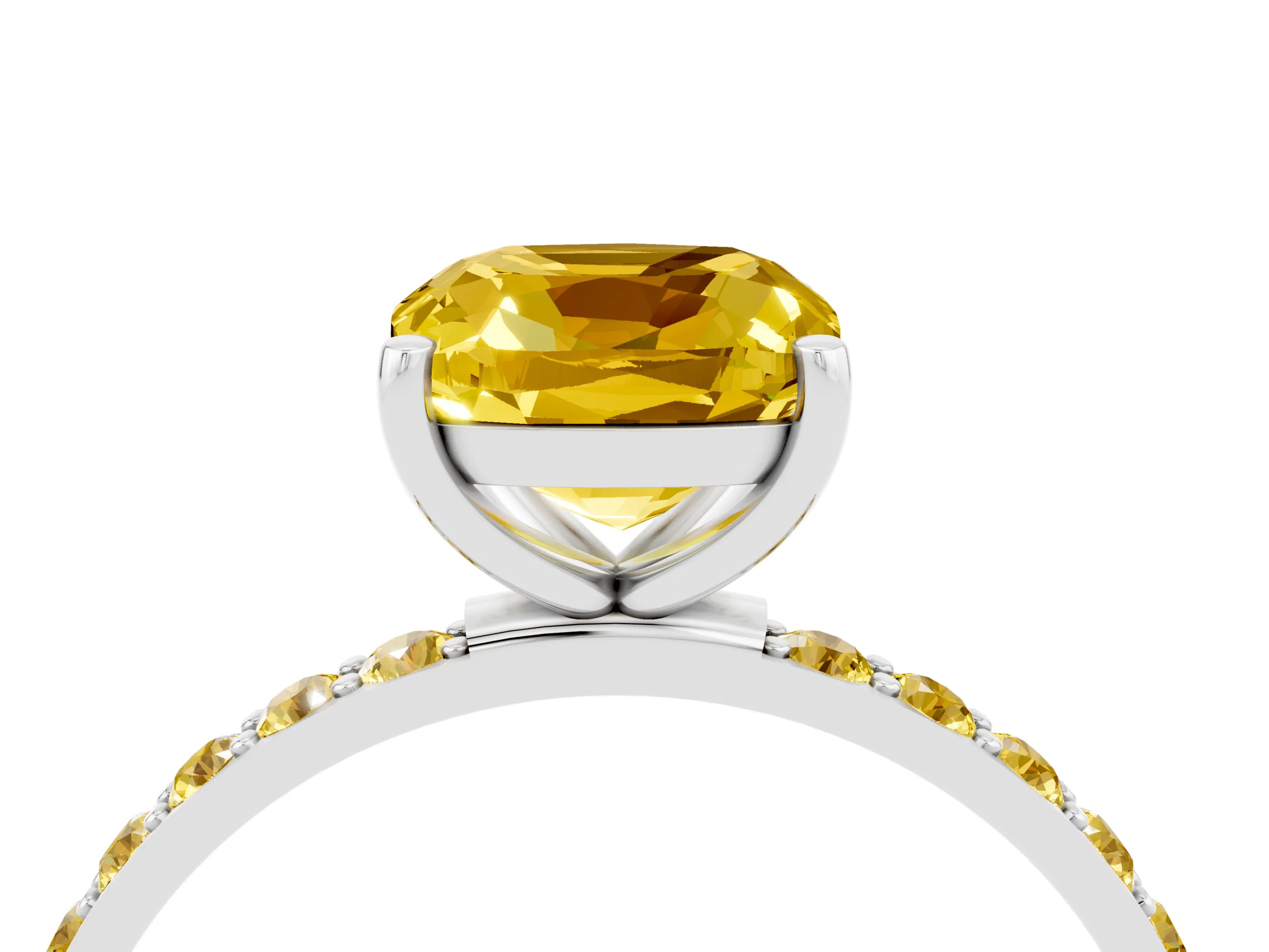 White gold Cushion Cut Yellow Sapphire Solitaire Ring with Pave Band and Four Prong Setting_16