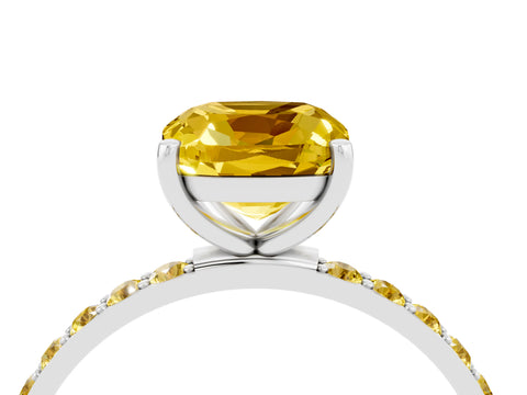 White gold Cushion Cut Yellow Sapphire Solitaire Ring with Pave Band and Four Prong Setting_16