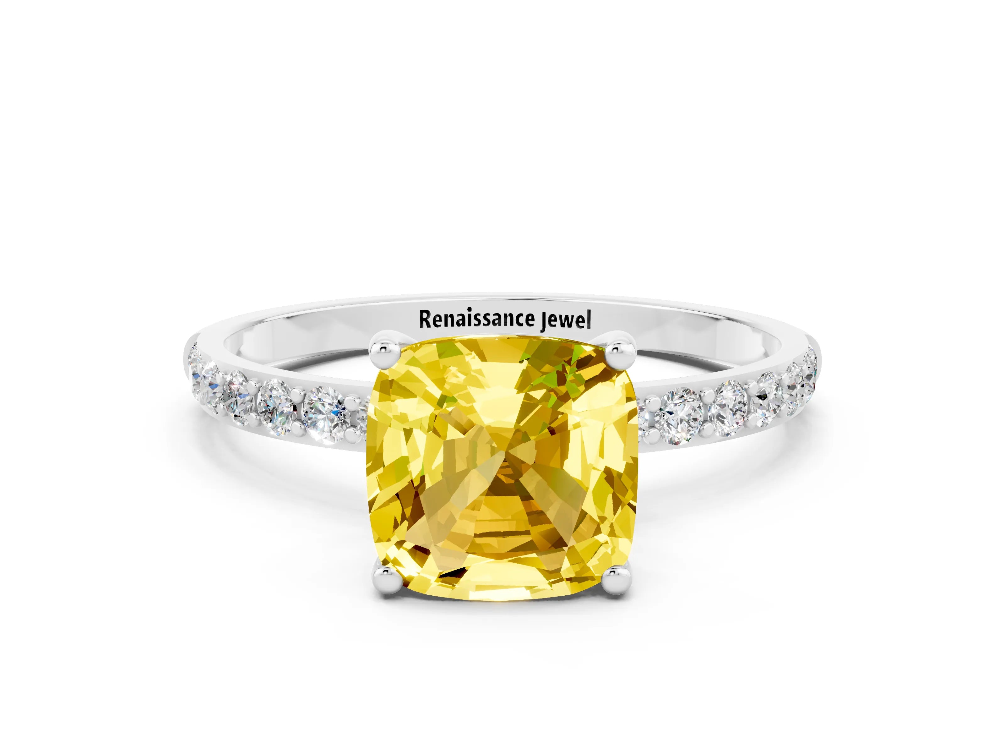 White gold Cushion Cut Yellow Sapphire Solitaire Ring with Pave Band and Four Prong Setting_48
