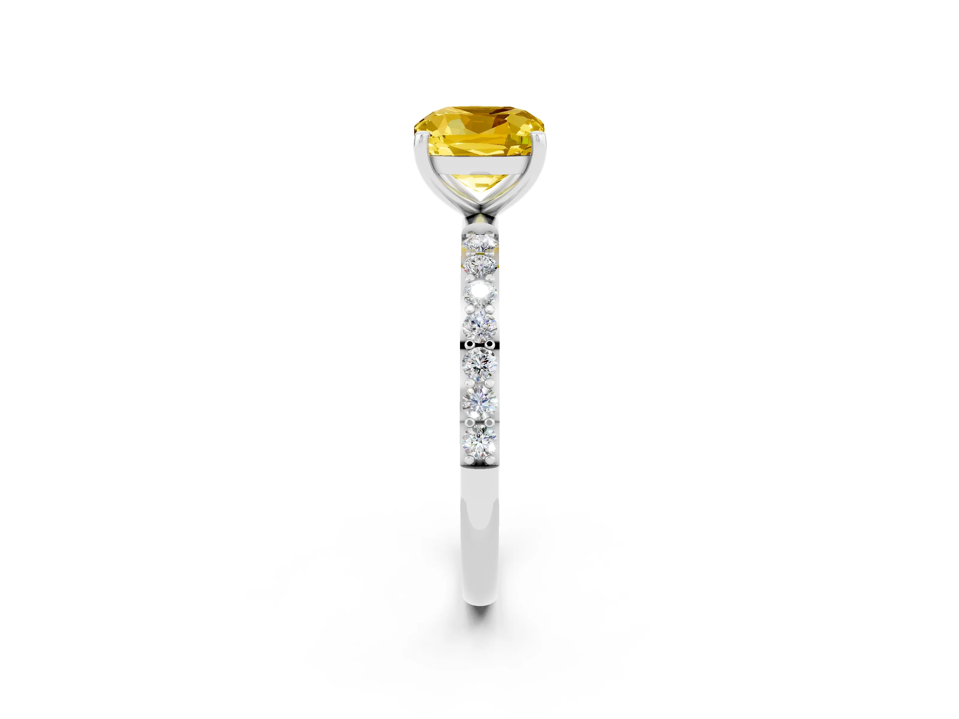 White gold Cushion Cut Yellow Sapphire Solitaire Ring with Pave Band and Four Prong Setting_50
