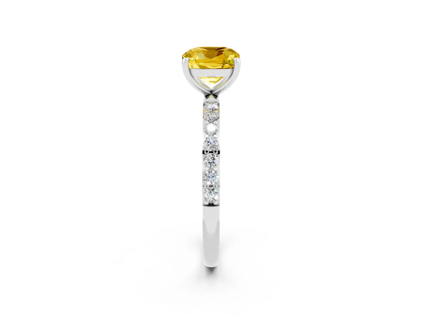 White gold Cushion Cut Yellow Sapphire Solitaire Ring with Round  Pavé Band and Prong Setting