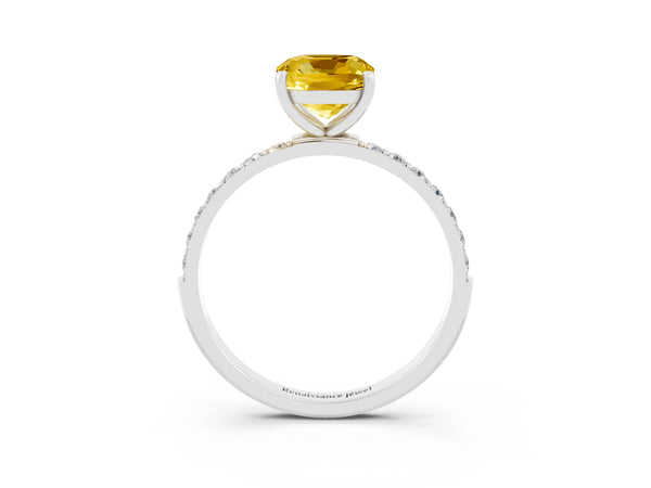 Platinum Cushion Cut Yellow Sapphire Solitaire Ring with Round  Pavé Band and Prong Setting