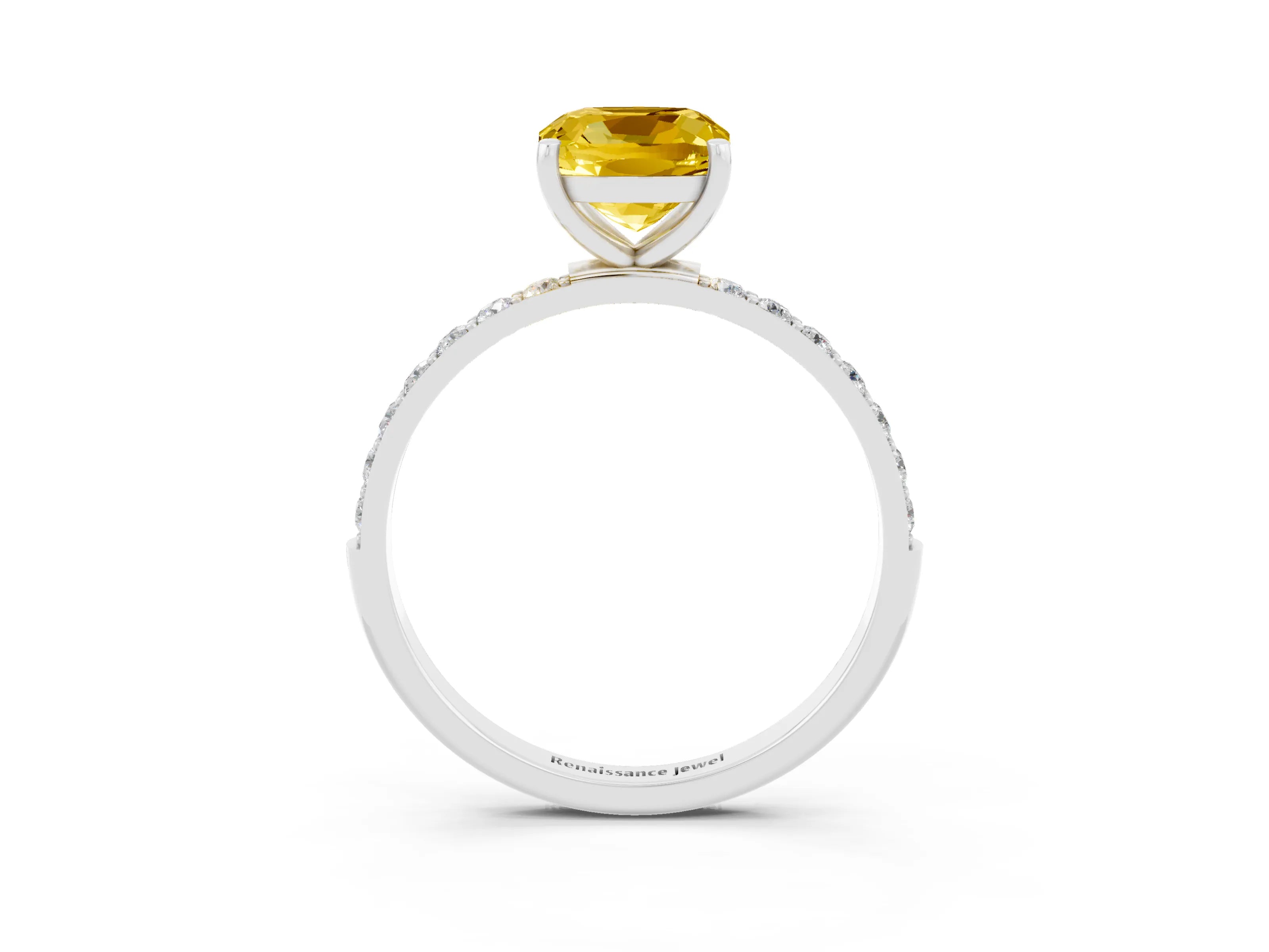 White gold Cushion Cut Yellow Sapphire Solitaire Ring with Pave Band and Four Prong Setting_51