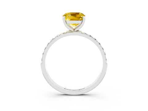 White gold Cushion Cut Yellow Sapphire Solitaire Ring with Pave Band and Four Prong Setting_51