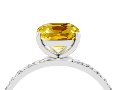 White gold Cushion Cut Yellow Sapphire Solitaire Ring with Pave Band and Four Prong Setting_52