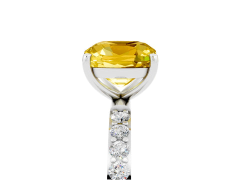 White gold Cushion Cut Yellow Sapphire Solitaire Ring with Pave Band and Four Prong Setting_53