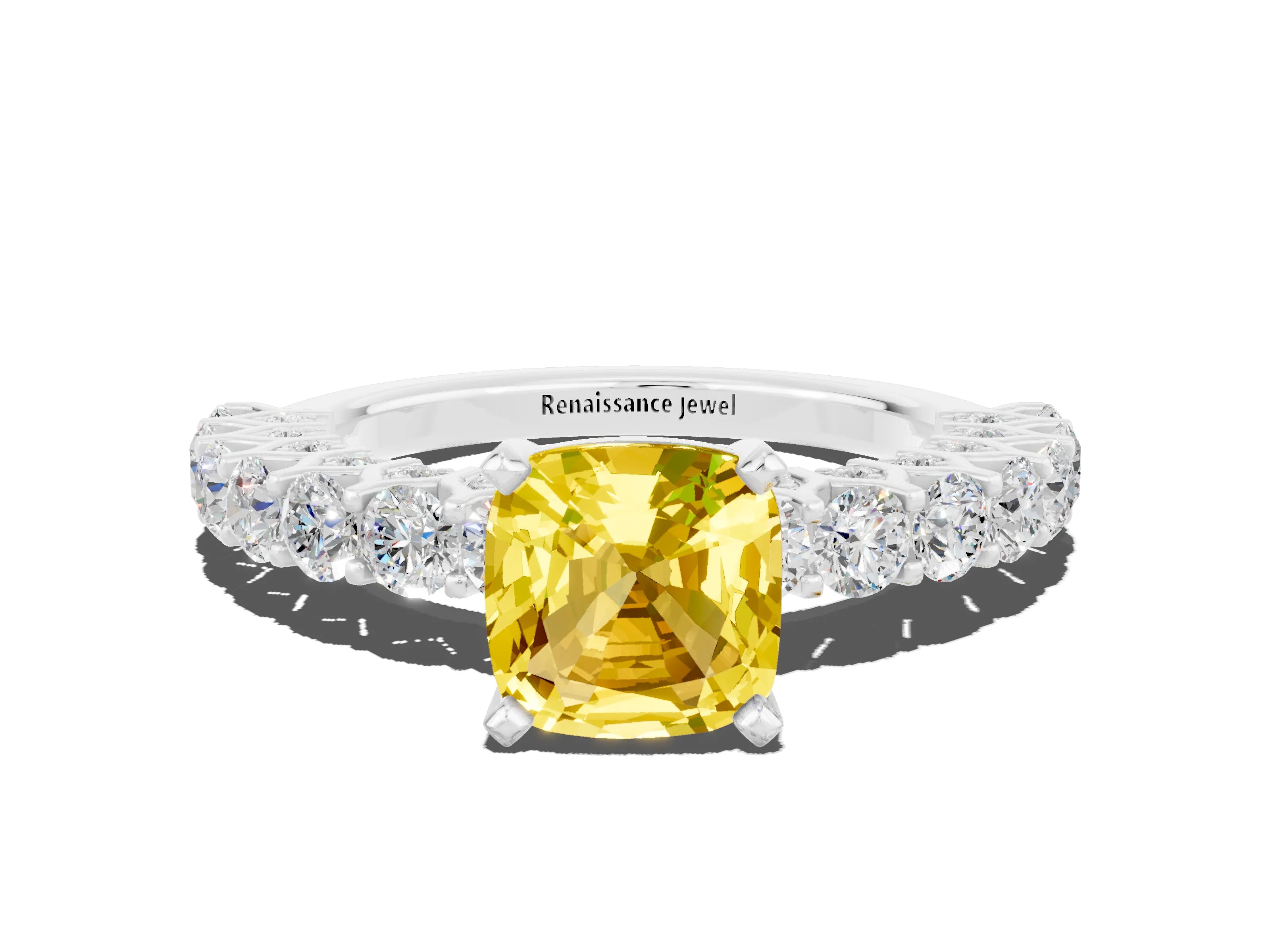 White gold Cushion Cut Yellow Sapphire Solitaire Ring with Shared Prong Pavé Band and Four-Prong Setting