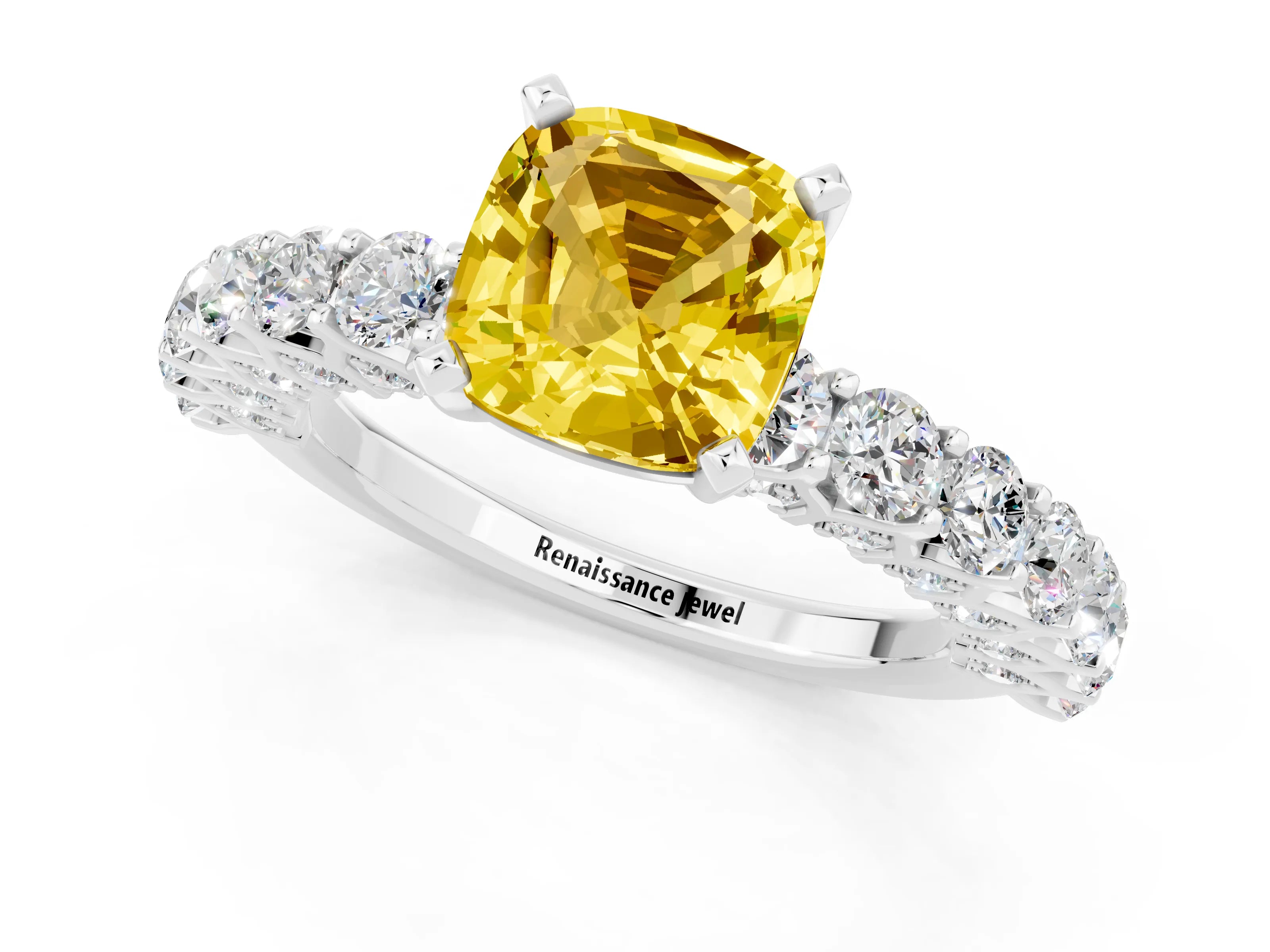 White gold Cushion Cut Yellow Sapphire Solitaire Ring with Shared Prong Pavé Band and Four-Prong Setting_1