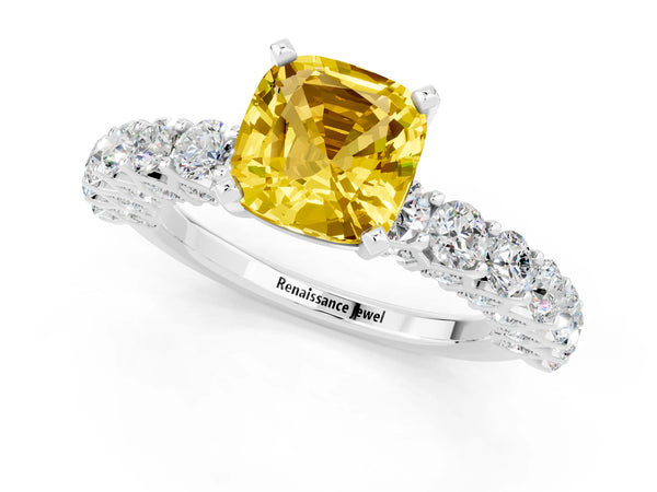 White gold Cushion Cut Yellow Sapphire Solitaire Ring with Shared Prong Pavé Band and Four-Prong Setting
